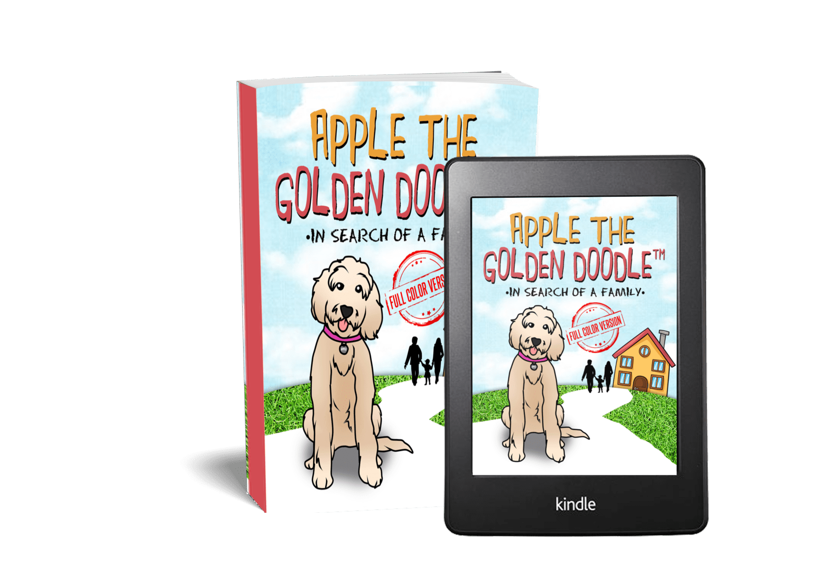 picture of apple the golden doodle in search of a family colored version 3d book